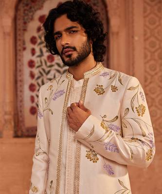 Ivory hand paint & hand embroidered work pure silk jahaan open sherwani set 2