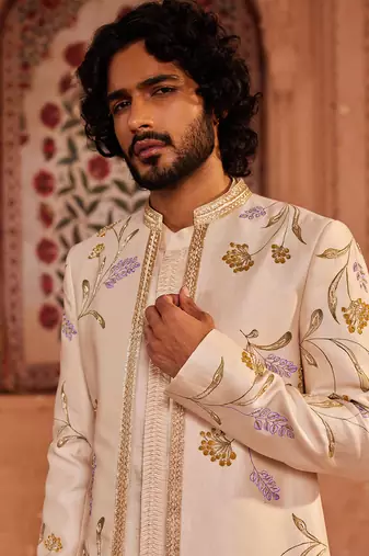 Ivory hand paint & hand embroidered work pure silk jahaan open sherwani set