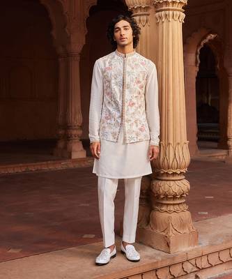 Ivory hand & machine embroidery work raw silk flamingo nehru jacket set 1