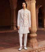 Ivory hand & machine embroidery work raw silk flamingo nehru jacket set