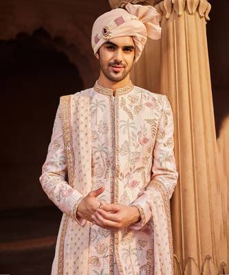 Nude pink hand & machine embroidery work raw silk flamingo sherwani set 2