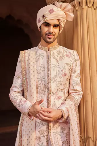 Nude pink hand & machine embroidery work raw silk flamingo sherwani set