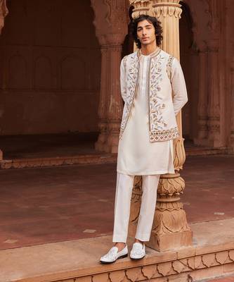 Ivory hand & machine embroidery work raw silk amreen nehru jacket set 1