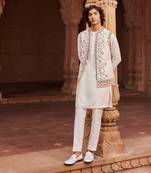 Ivory hand & machine embroidery work raw silk amreen nehru jacket set