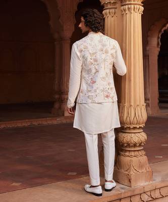 Ivory hand & machine embroidery work raw silk flamingo nehru jacket set 2