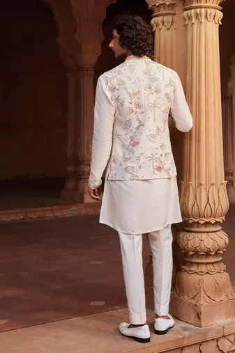 Ivory hand & machine embroidery work raw silk flamingo nehru jacket set