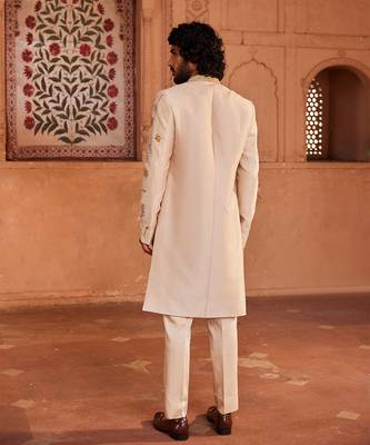 Ivory hand paint & hand embroidered work pure silk jahaan open sherwani set 3