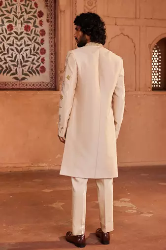 Ivory hand paint & hand embroidered work pure silk jahaan open sherwani set