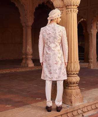 Nude pink hand & machine embroidery work raw silk flamingo sherwani set 3