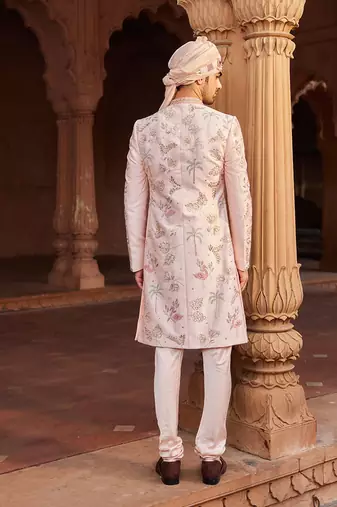 Nude pink hand & machine embroidery work raw silk flamingo sherwani set