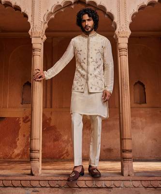 Cream hand embroidered work silk organza miraya nehru jacket set 1