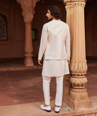 Ivory hand & machine embroidery work raw silk amreen nehru jacket set 2