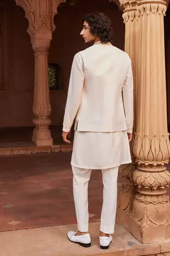 Ivory hand & machine embroidery work raw silk amreen nehru jacket set