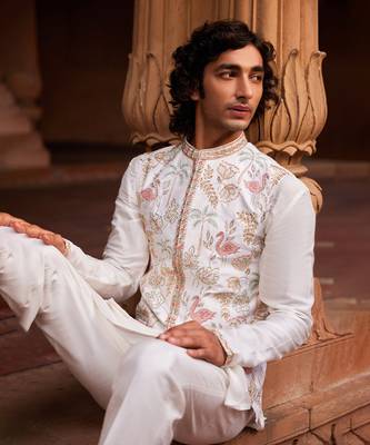 Ivory hand & machine embroidery work raw silk flamingo nehru jacket set 3