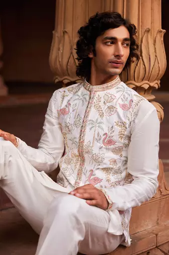 Ivory hand & machine embroidery work raw silk flamingo nehru jacket set
