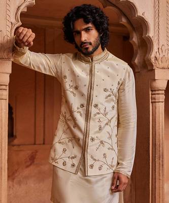 Cream hand embroidered work silk organza miraya nehru jacket set 2