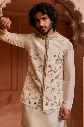 Cream hand embroidered work silk organza miraya nehru jacket set