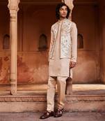 Ivory hand & machine embroidery work linen silk inaya nehru jacket set