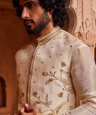 Cream hand embroidered work silk organza miraya nehru jacket set 3