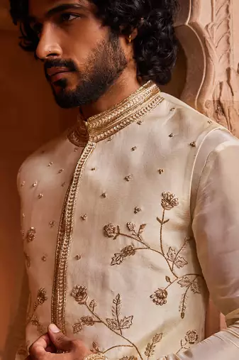 Cream hand embroidered work silk organza miraya nehru jacket set