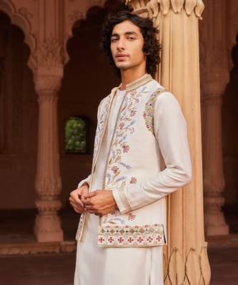 Ivory hand & machine embroidery work raw silk amreen nehru jacket set 3