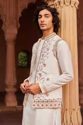 Ivory hand & machine embroidery work raw silk amreen nehru jacket set