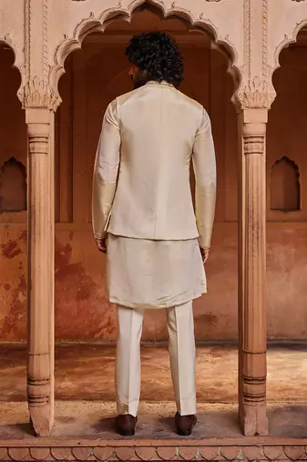 Cream hand embroidered work silk organza miraya nehru jacket set