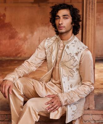 Ivory hand & machine embroidery work linen silk inaya nehru jacket set 2