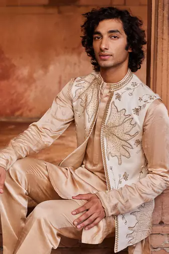 Ivory hand & machine embroidery work linen silk inaya nehru jacket set
