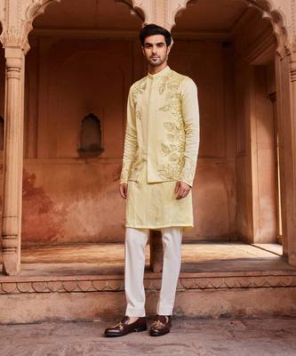 Lemon yellow hand & machine embroidery work linen silk rooh nehru jacket set 1