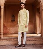 Lemon yellow hand & machine embroidery work linen silk rooh nehru jacket set