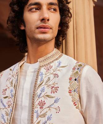 Ivory hand & machine embroidery work raw silk amreen nehru jacket set 4
