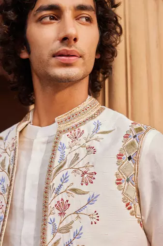 Ivory hand & machine embroidery work raw silk amreen nehru jacket set