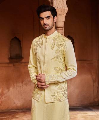 Lemon yellow hand & machine embroidery work linen silk rooh nehru jacket set 2