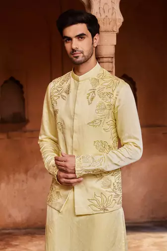 Lemon yellow hand & machine embroidery work linen silk rooh nehru jacket set