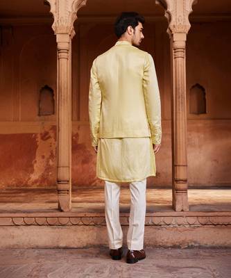 Lemon yellow hand & machine embroidery work linen silk rooh nehru jacket set 3