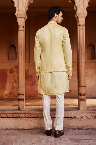 Lemon yellow hand & machine embroidery work linen silk rooh nehru jacket set