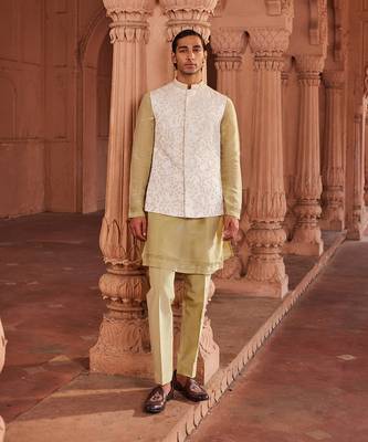 Ivory hand & machine embroidery work silk jacquard jannat nehru jacket set 1