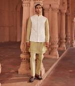 Ivory hand & machine embroidery work silk jacquard jannat nehru jacket set