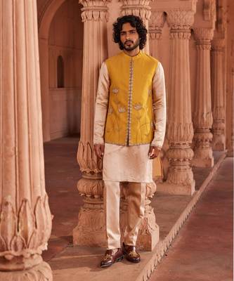 Mustard hand & machine embroidery work textured silk marigold nehru jacket set 1