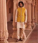 Mustard hand & machine embroidery work textured silk marigold nehru jacket set