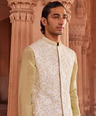 Ivory hand & machine embroidery work silk jacquard jannat nehru jacket set 2