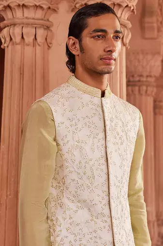 Ivory hand & machine embroidery work silk jacquard jannat nehru jacket set