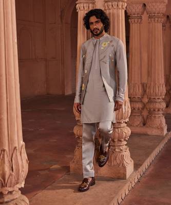 Dusty olive hand paint & hand embroidered work pure silk dusty olive handpaint nehru jacket set 1
