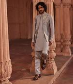 Dusty olive hand paint & hand embroidered work pure silk dusty olive handpaint nehru jacket set