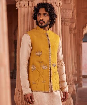 Mustard hand & machine embroidery work textured silk marigold nehru jacket set 2