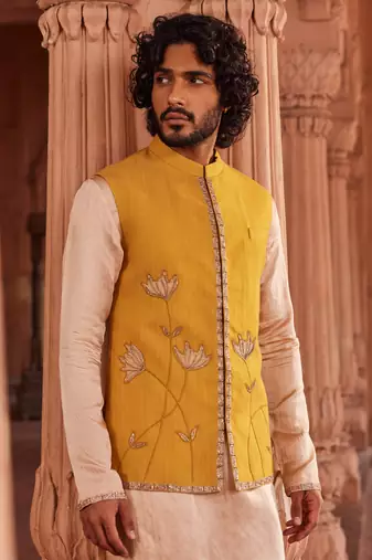 Mustard hand & machine embroidery work textured silk marigold nehru jacket set