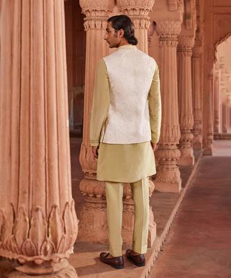 Ivory hand & machine embroidery work silk jacquard jannat nehru jacket set 3