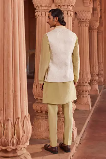 Ivory hand & machine embroidery work silk jacquard jannat nehru jacket set