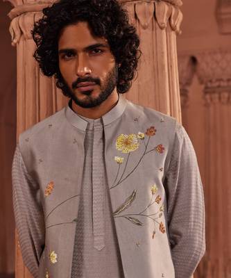 Dusty olive hand paint & hand embroidered work pure silk dusty olive handpaint nehru jacket set 2
